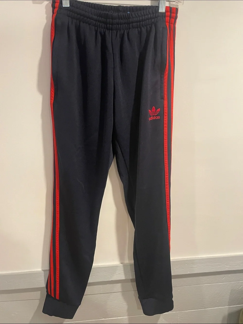 Navy adidas Joggers with Red Side Stripes Sz M Small